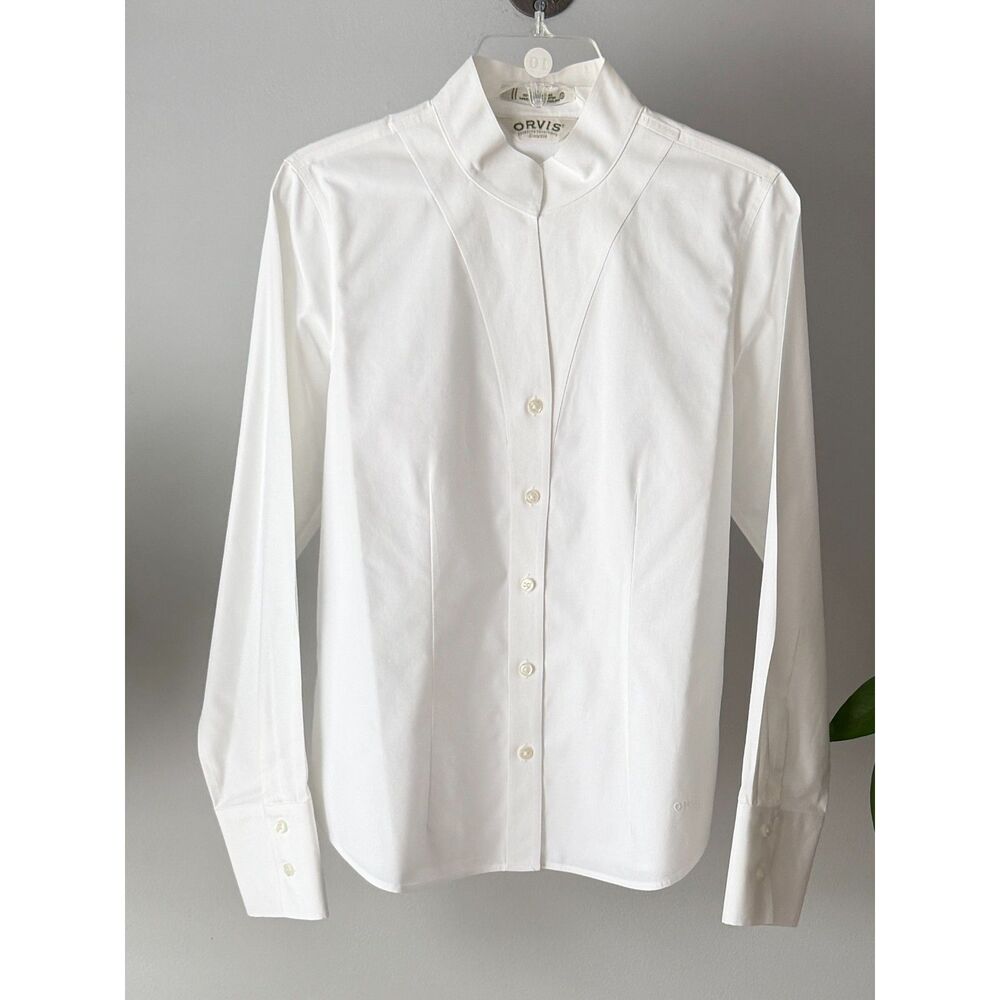 Orvis White Cotton Mandarin Collar Tuxedo Shirt Blouse Long Sleeve Women's Sz 10